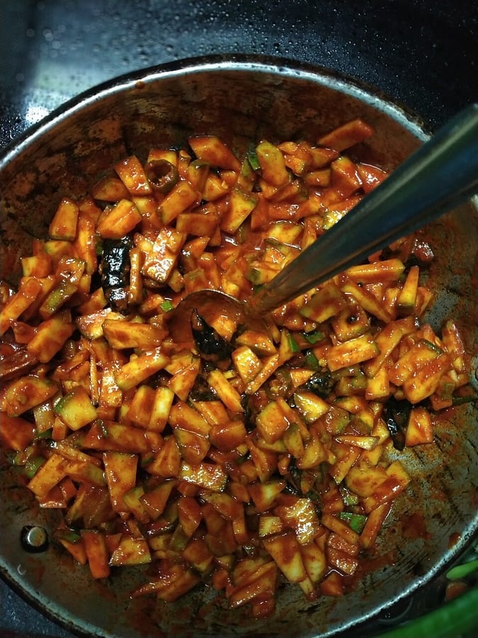 Freshly mixed avakaya mango pickle